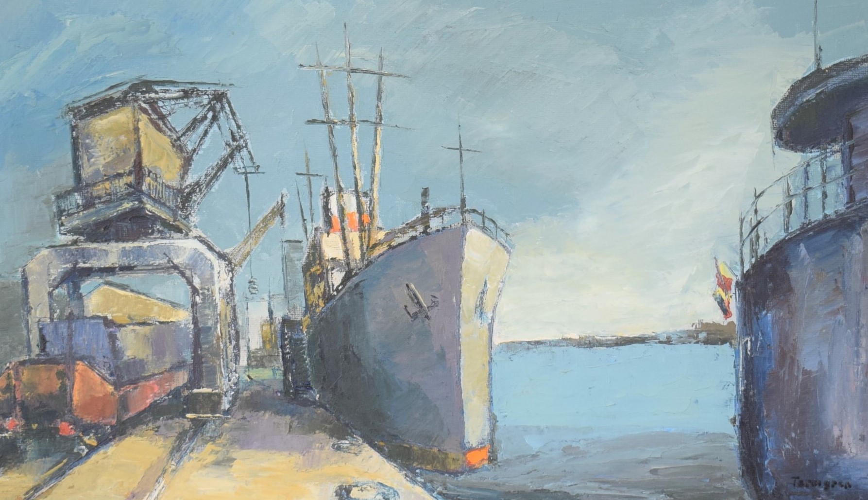 Leif Formgren (Swedish, 1936-1998), Ships at harbour, signed, oil on board,