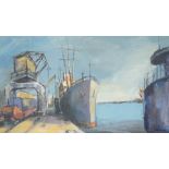 Leif Formgren (Swedish, 1936-1998), Ships at harbour, signed, oil on board,