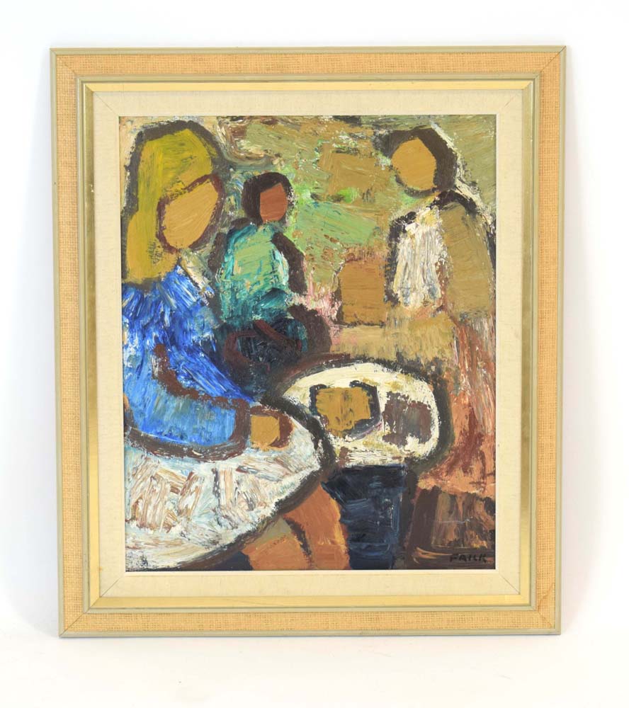 Gosta Falck (Swedish, 1920-2006), Three people around a table, signed, oil on canvas, - Image 3 of 3