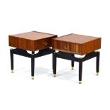 A pair of G-Plan teak, walnut and ebonised bedside tables,