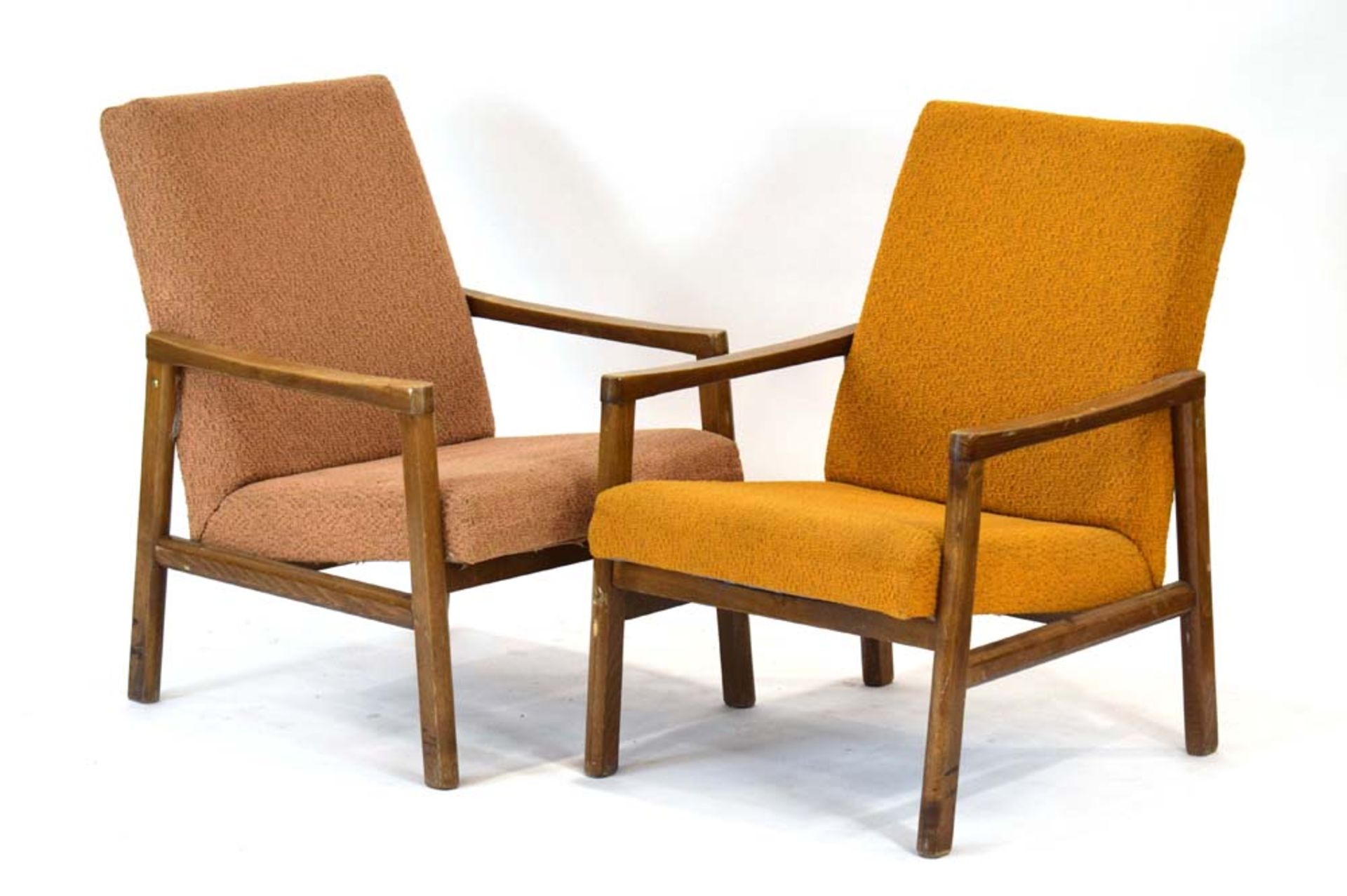 A pair of 1958 Czech beech and upholstered lowback armchairs by Ton,
