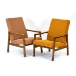 A pair of 1958 Czech beech and upholstered lowback armchairs by Ton,