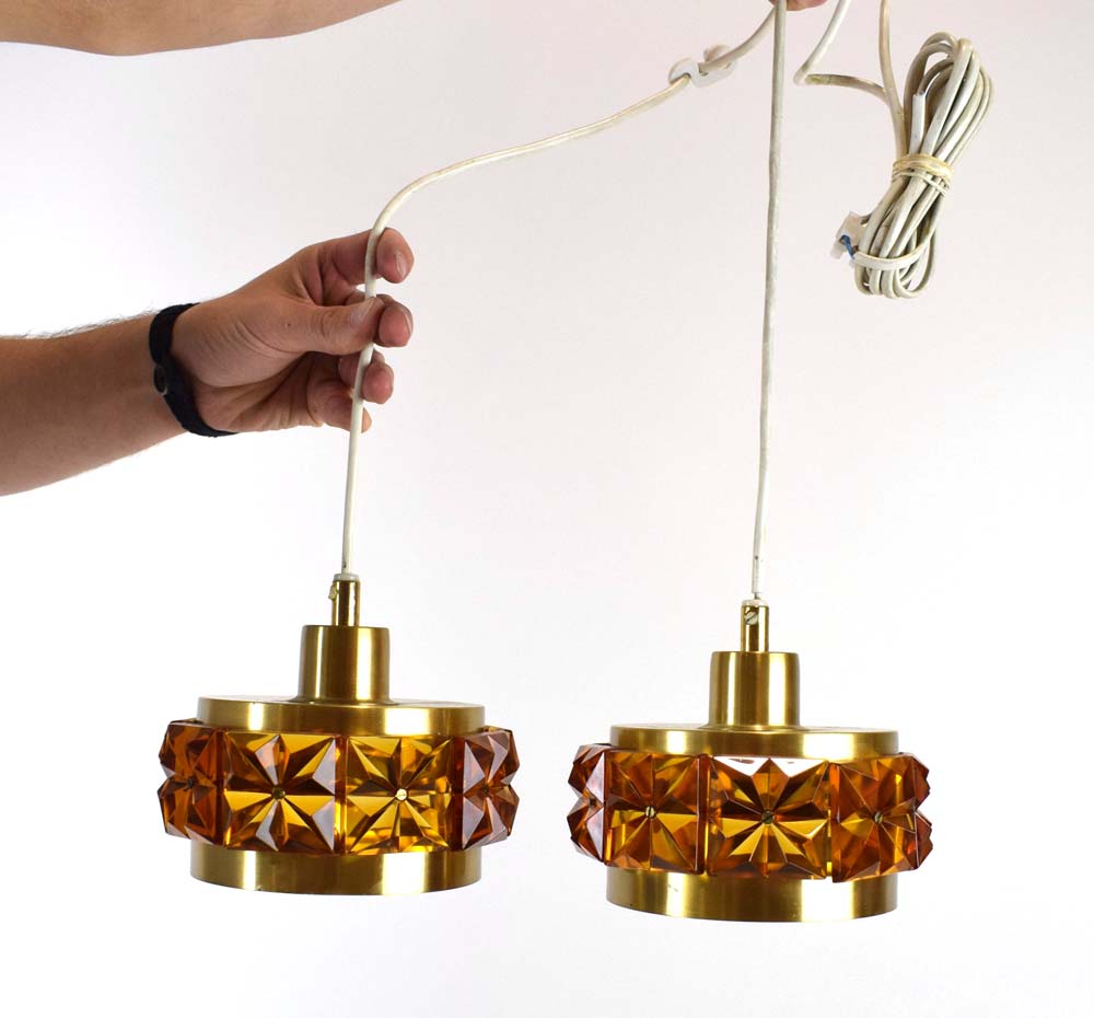 A pair of 1970's miniature brass and orange perspex ceiling lights CONDITION REPORT: