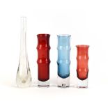 Bo Borgstrom for Aseda, three ridged vases in ruby red and kingfisher blue,