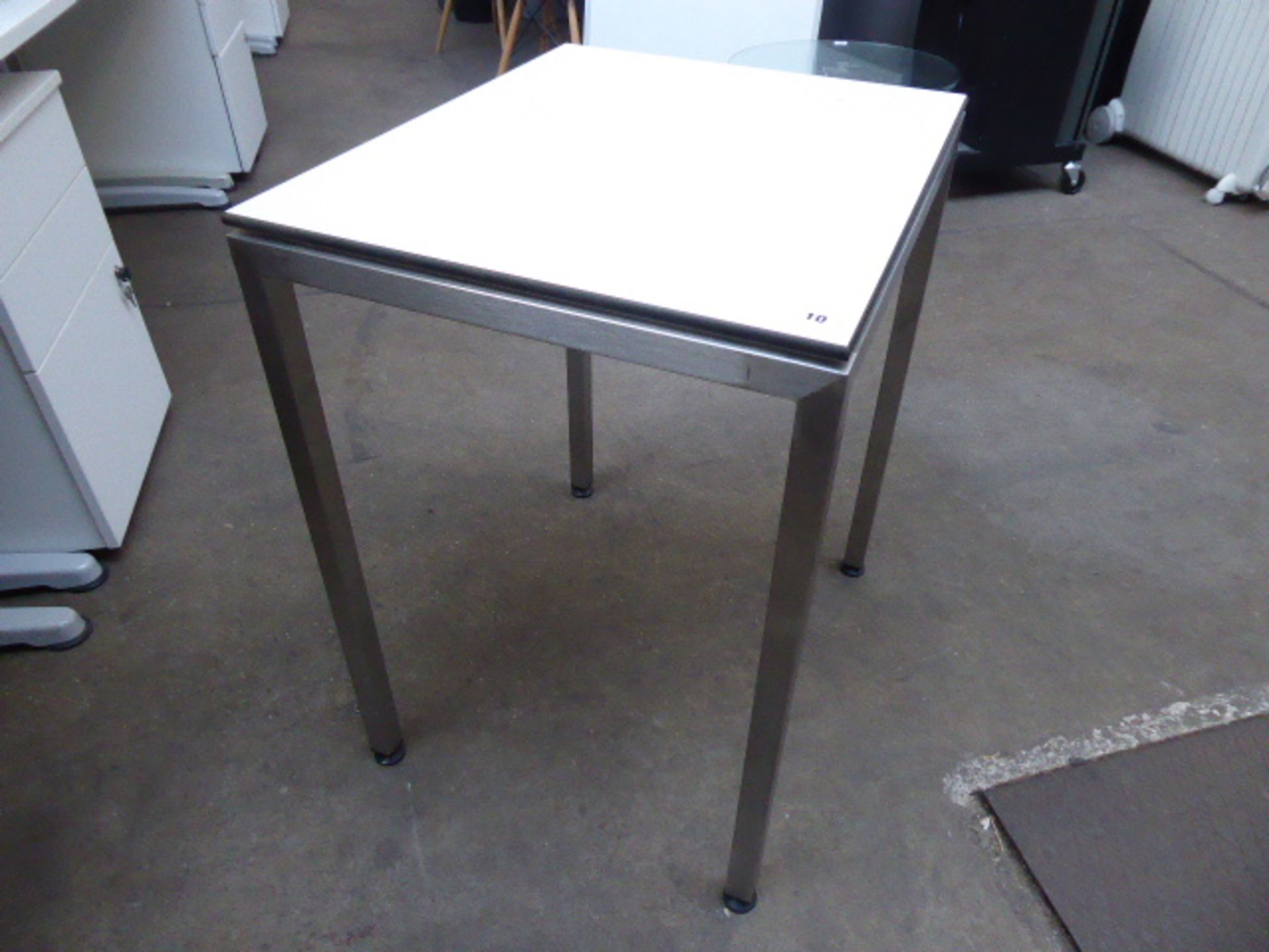 Stack of 6 stainless steel and white top 60cm x 50cm rectangular stackable tables suitable for - Image 2 of 2