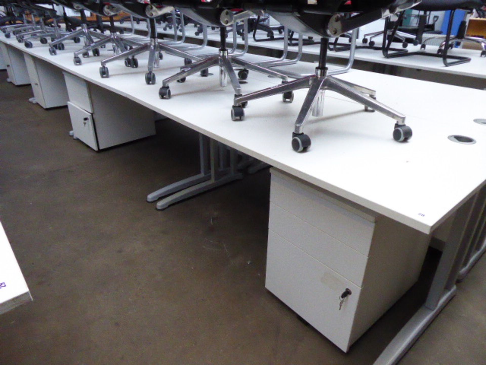 5 160cm white workstations on cantilever legs with matching 3 drawer under desk pedestal