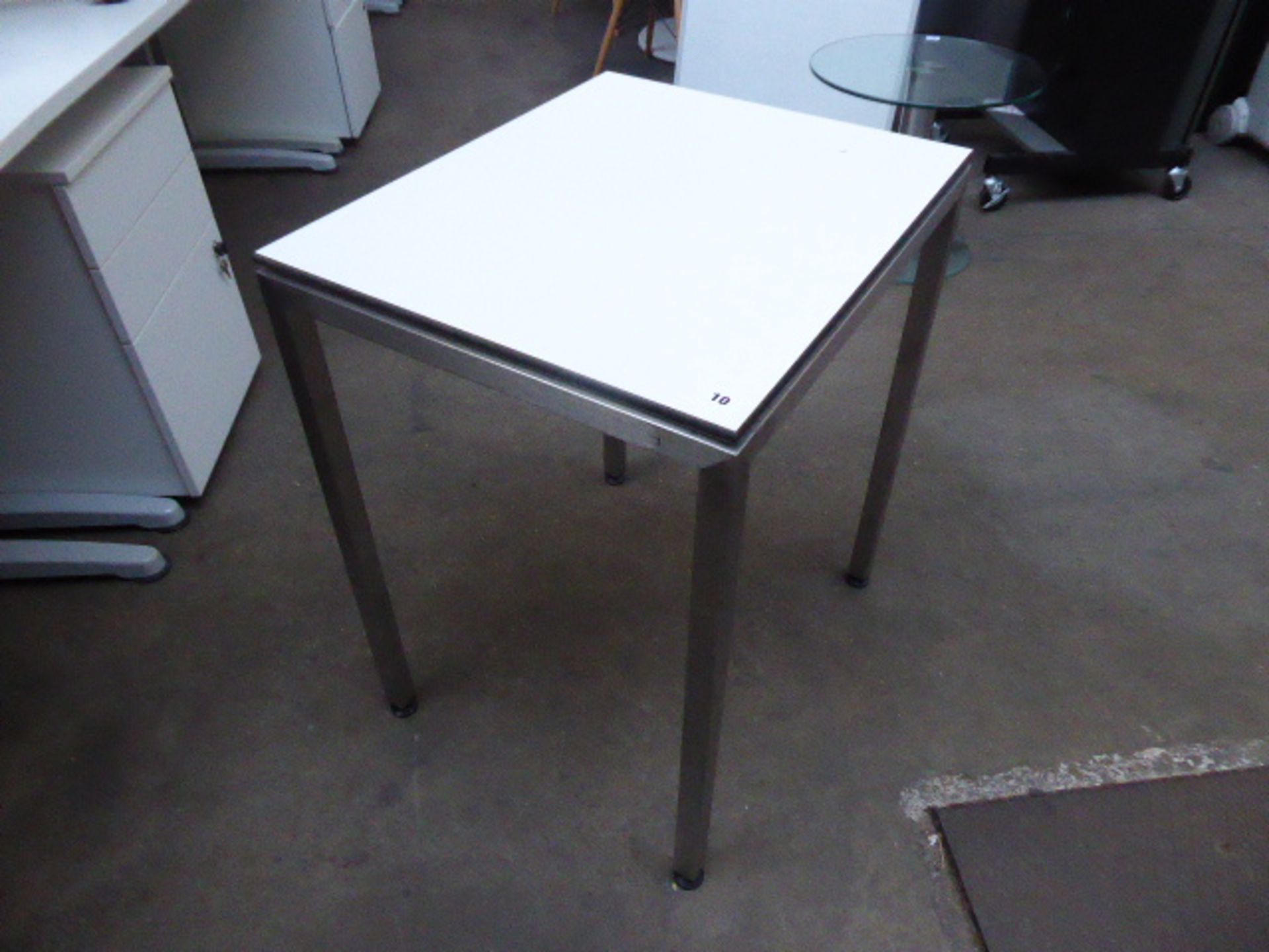 Stack of 6 stainless steel and white top 60cm x 50cm rectangular stackable tables suitable for - Image 2 of 2