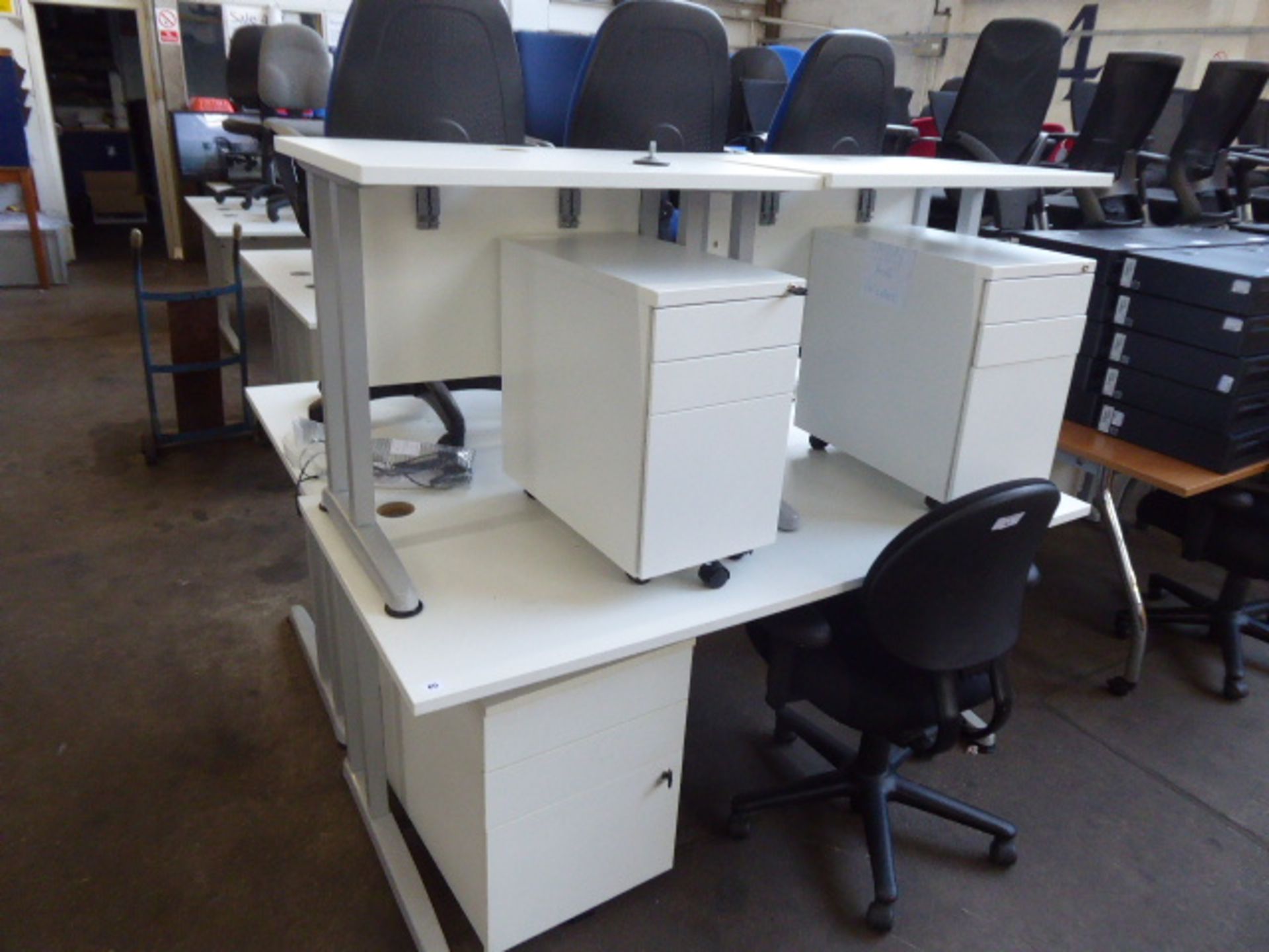 160cm white cantilever workstation with 3 drawer pedestal plus 2 smaller matching units