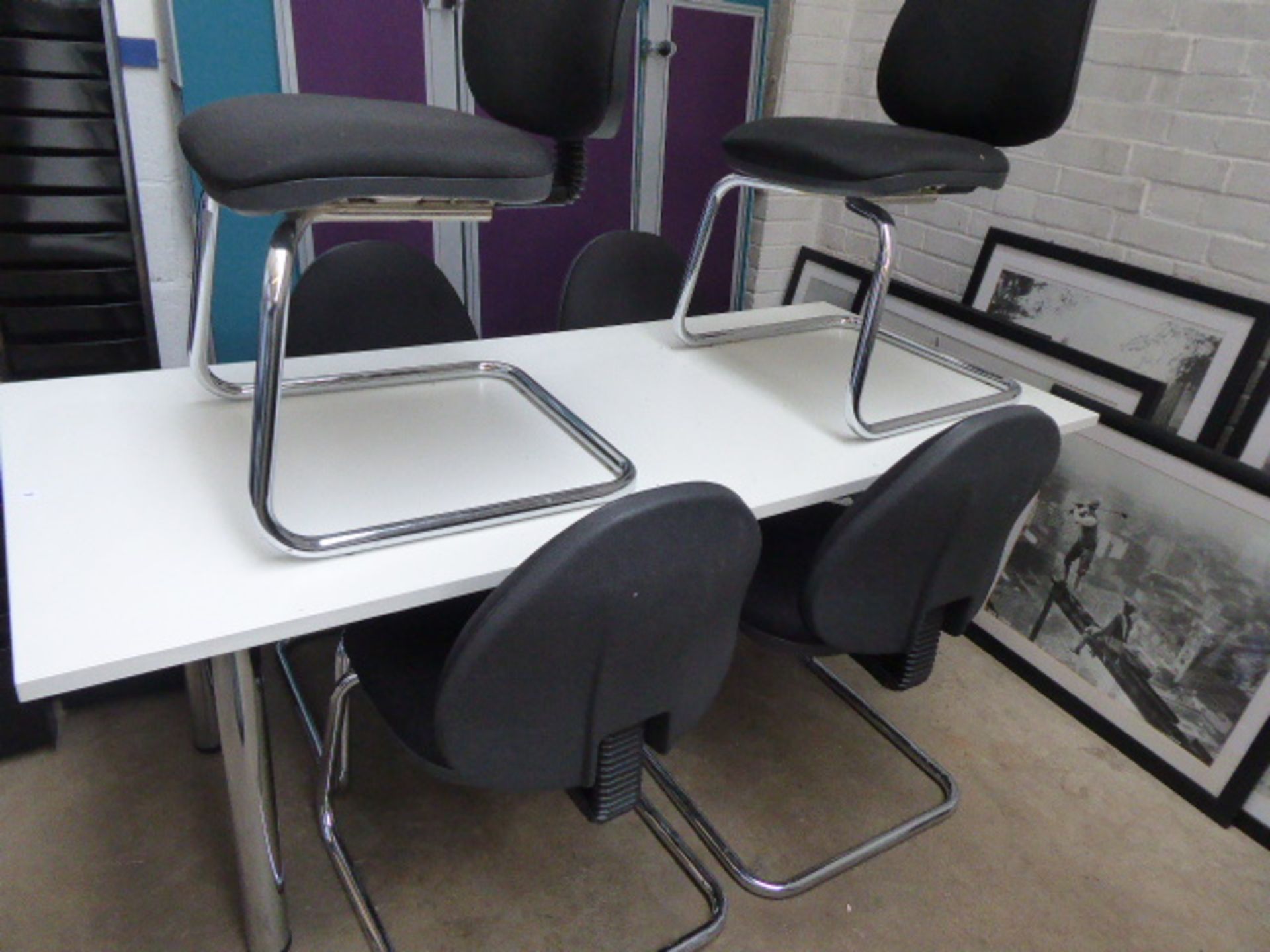 180cm x 80cm rectangular topped small meeting table on chrome tubular legs with 6 matching black - Image 2 of 2