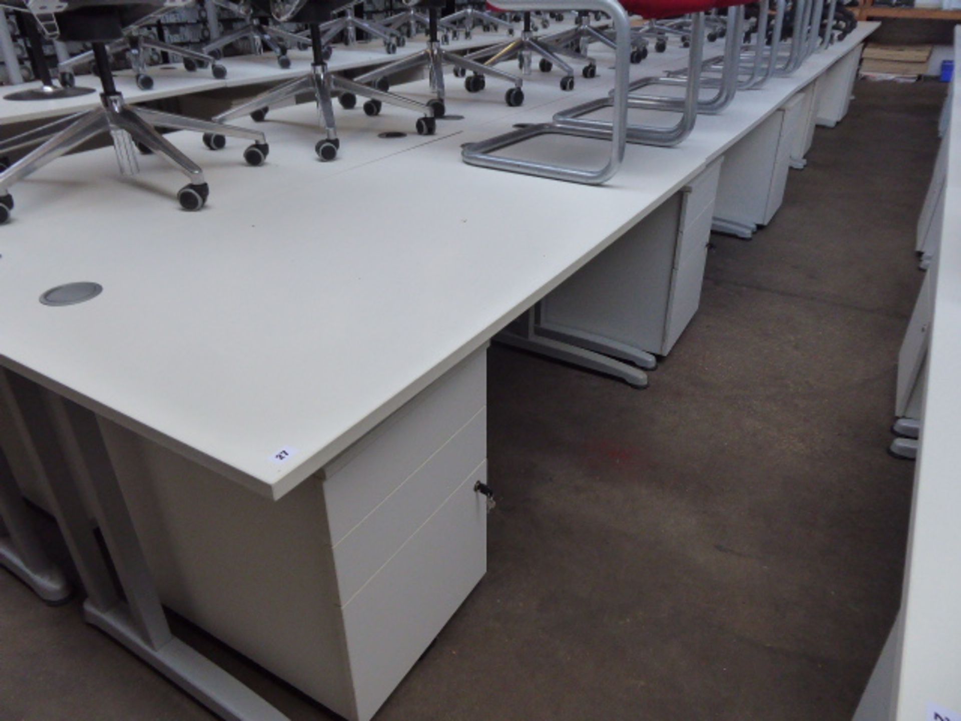 5 160cm white workstations on cantilever legs with matching 3 drawer under desk pedestal