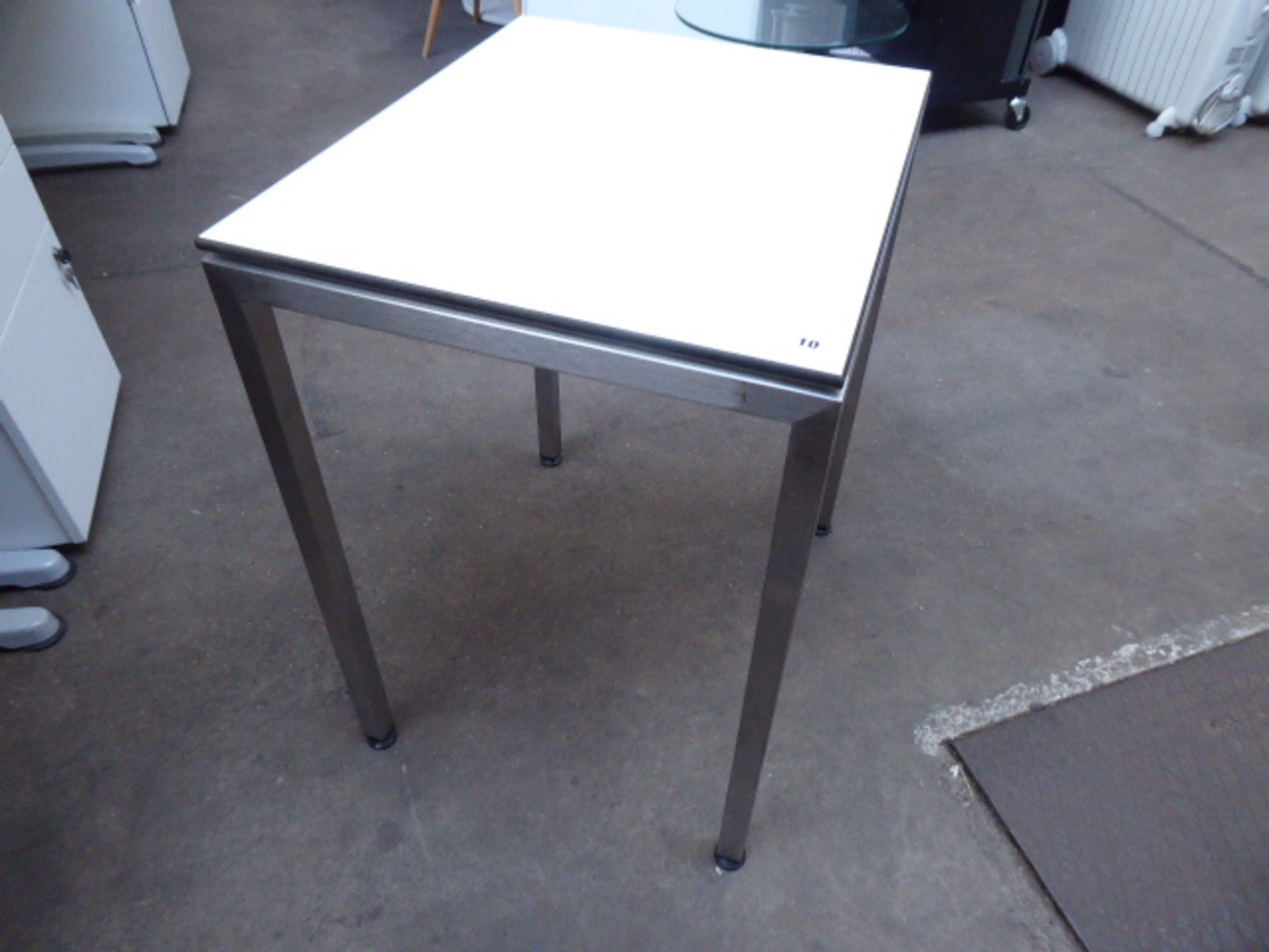 Stack of 6 stainless steel and white top 60cm x 50cm rectangular stackable tables suitable for - Image 2 of 2