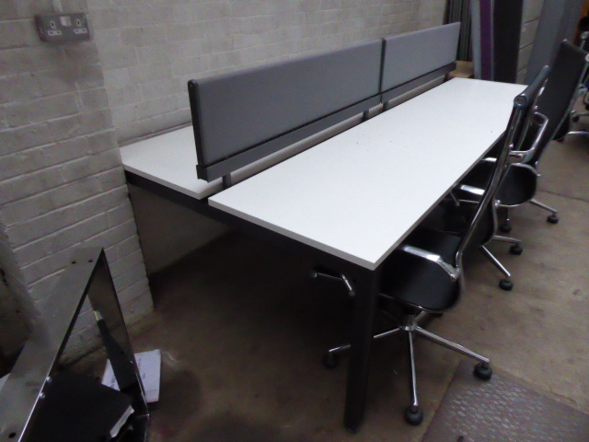 215 Quad workstation with 2 privacy screens with a 3 drawer pedestal finished in white top and