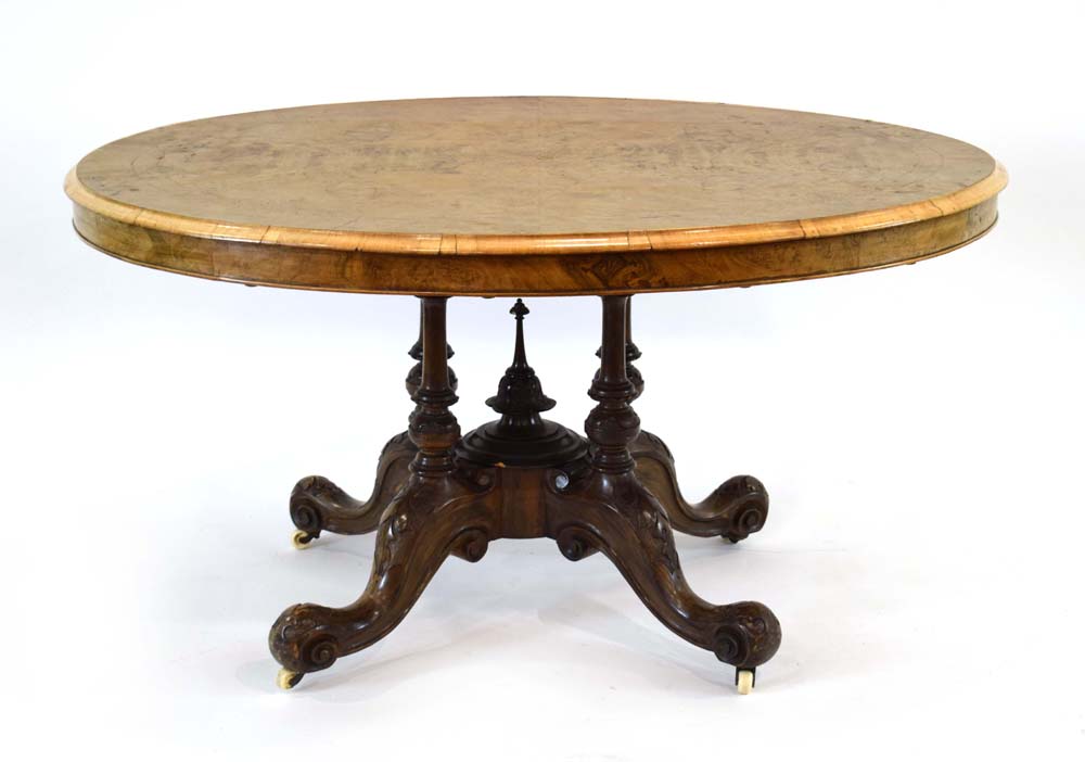 A Victorian walnut quarter-sawn and inlaid loo table,