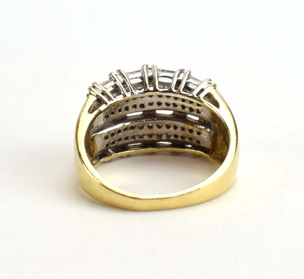 A 14ct yellow gold dress ring set small brilliant and baguette cut diamonds, ring size O, 6. - Image 3 of 4