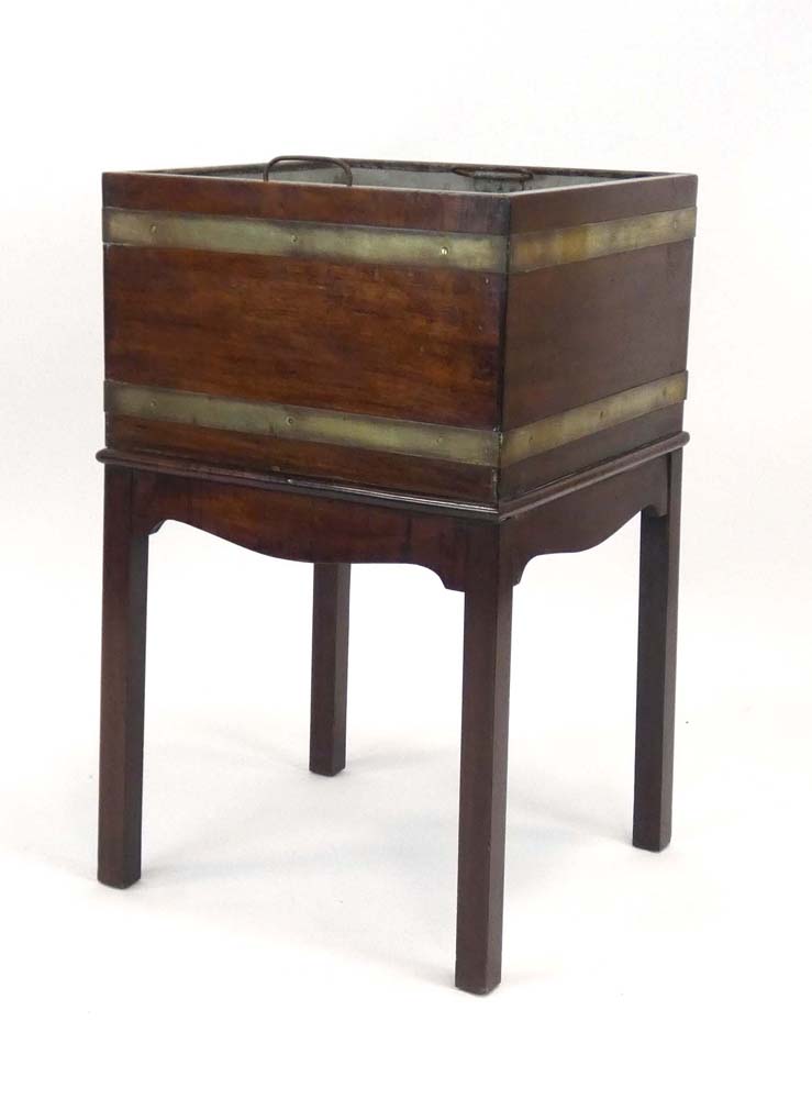 A Georgian mahogany and brass bound open wine cooler of square form with a shaped apron and - Image 2 of 2