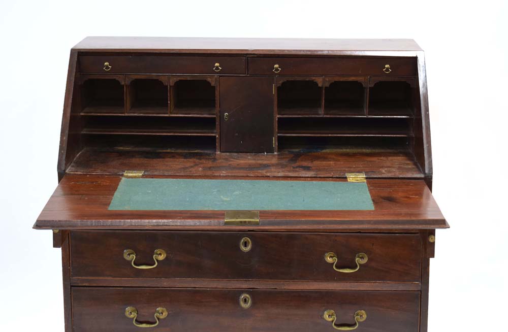 A Georgian mahogany bureau, the fall front over two short and three long graduated drawers, - Image 2 of 3
