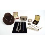 A mixed parcel of silver including a jewellery box, five teaspoons, a vesta case, a scent bottle,