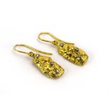 A pair of yellow metal nugget-type ear pendants, each set three small diamonds, l. 3.1 cm, 11.