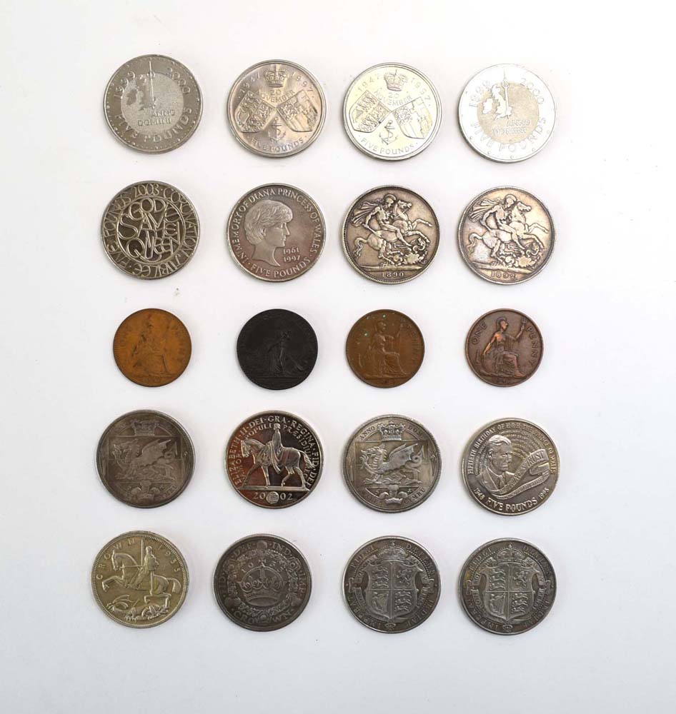 A group of silver crowns and five pound coins including 1890, 1892, 1897, two 1887 Welsh crowns, - Image 3 of 3