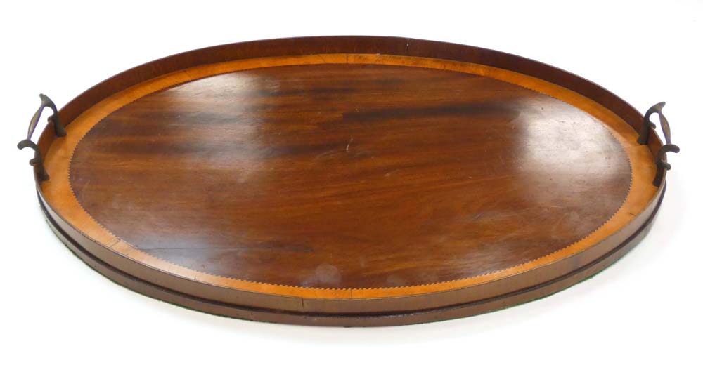 A 19th century mahogany and satinwood crossbanded tray of oval form, w. - Image 2 of 2