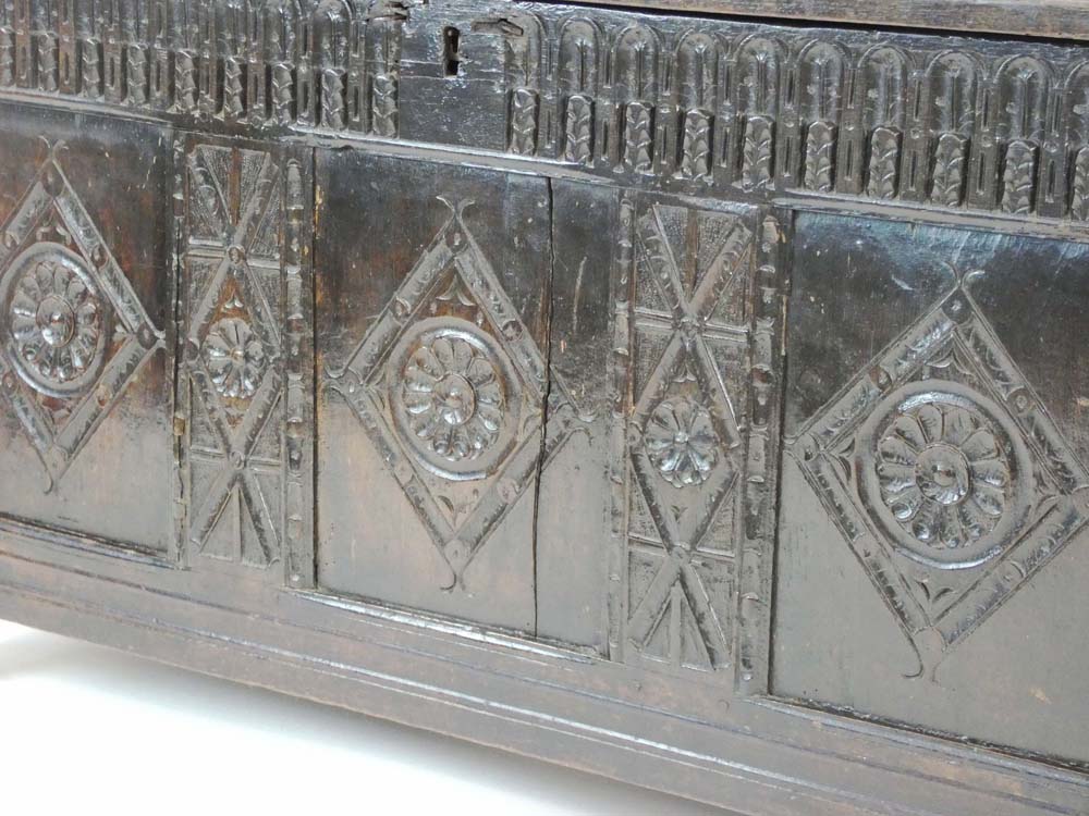 A 17th century and later oak panelled coffer with a carved frieze and stiles, c. 1620, l. - Image 2 of 4