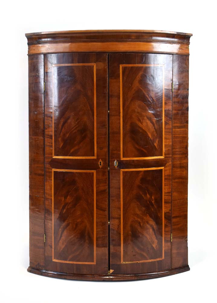 A Georgian mahogany, walnut and crossbanded bow-fronted corner cabinet, - Image 2 of 10