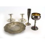 A mixed parcel of Scandinavian silver comprising a pair of dwarf candlesticks, a spill vase,