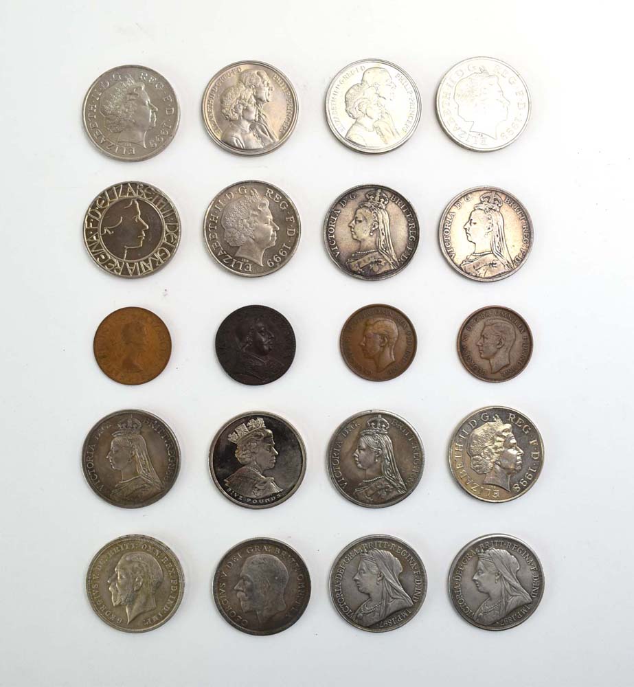 A group of silver crowns and five pound coins including 1890, 1892, 1897, two 1887 Welsh crowns,