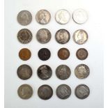 A group of silver crowns and five pound coins including 1890, 1892, 1897, two 1887 Welsh crowns,