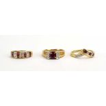 Three 9ct yellow gold dress rings, each set small diamonds and rubies, various sizes, overall 8.