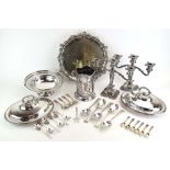 A group of silver plated items including a salver, tureens,