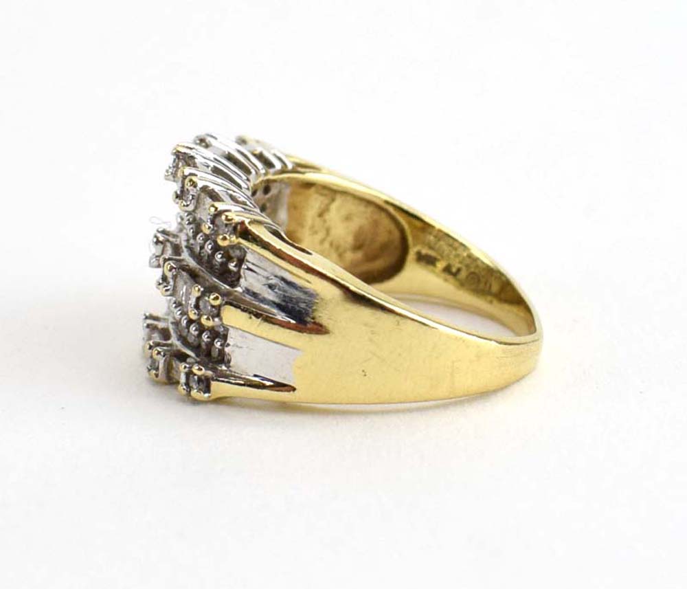 A 14ct yellow gold dress ring set small brilliant and baguette cut diamonds, ring size O, 6. - Image 2 of 4