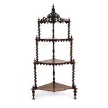 A Victorian mahogany corner what-not-stand with barley twist supports, h.