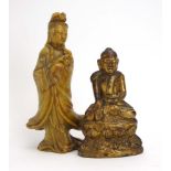 A gilt hardwood figure modelled as a seated buddha, h. 16 cm, together with a hardstone lady, h.