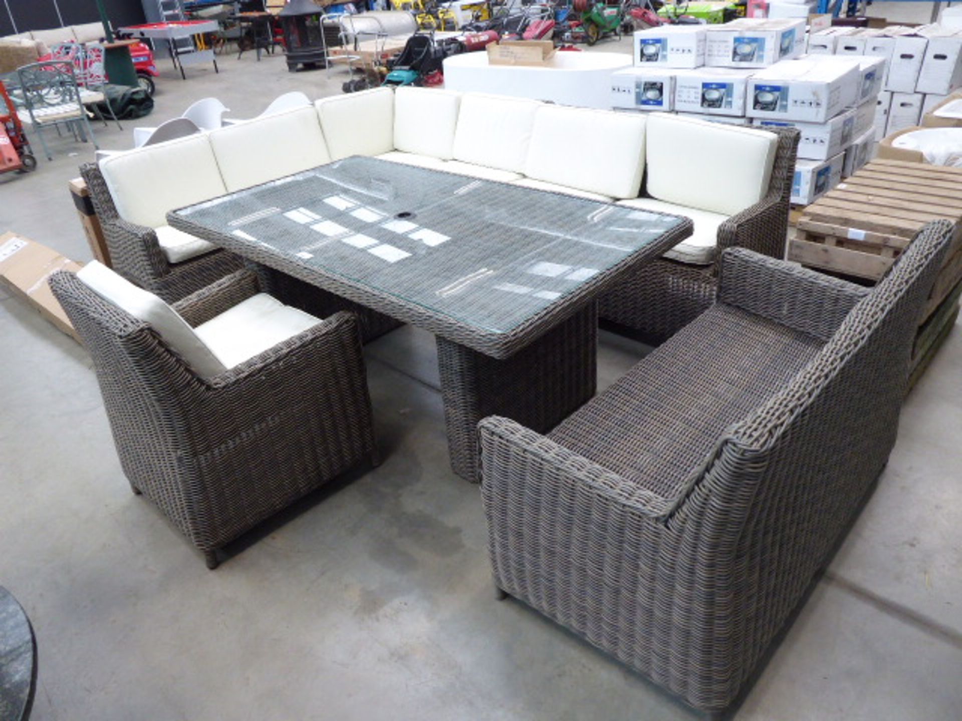 Large wicker effect patio seating area to include 2 seater sofa, single armchair, large corner