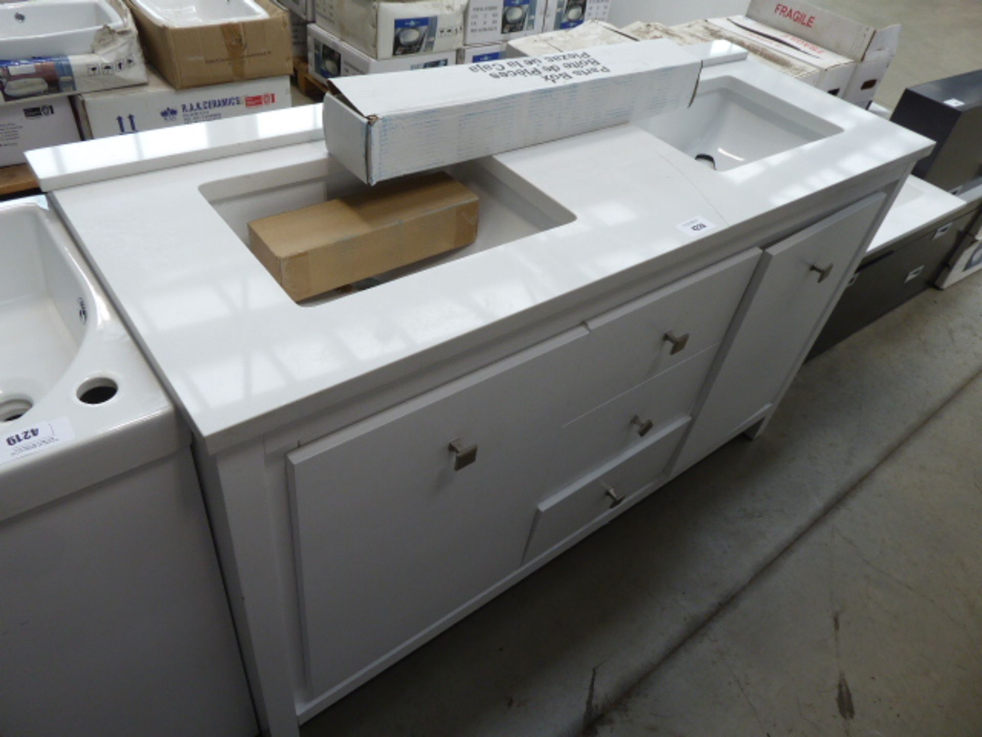 His and hers sink in white, stone effect on high gloss white vanity unit