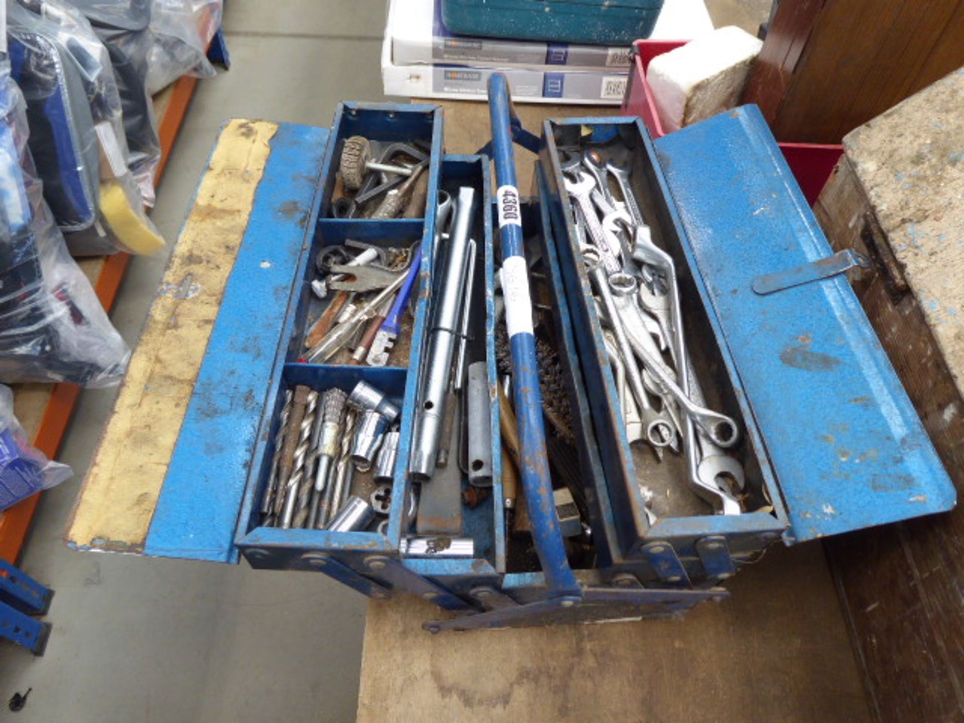 Cantilever toolbox in blus containing tools inc. spanners, allen keys etc