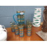 1950's lemonade set in blue glass decorated with gold banding