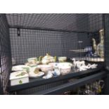Cage containing ornamental horses, hunting decorated crockery plus floral decorated china