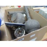 Box of silver plate to include jugs and kettles plus 2 Middle Eastern metal vases