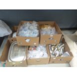 8 boxes containing studio pottery, silver plated goblets, fish server, serving trays, ornaments
