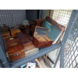 Cage containing a quantity of geometry set boxes plus reference books, trinket boxes and a barometer