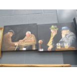Pair of oils on canvas- men playing chess and drinking beer