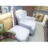 Pulaski grey fabric button back armchair with matching footstool