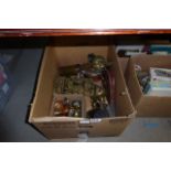 Box containing brassware to include a trivet, companion set, candlesticks plus copperware, a