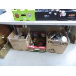 3 boxes containing kitchen stainless steel cooking pots, a coal scuttle, part fire companion set,