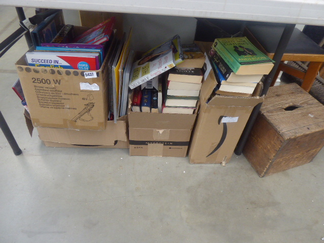 4 boxes containing childrens books, school text books and novels and reference books