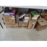 4 boxes containing childrens books, school text books and novels and reference books