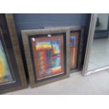 2 framed and glazed abstract prints with decoration to the glazing