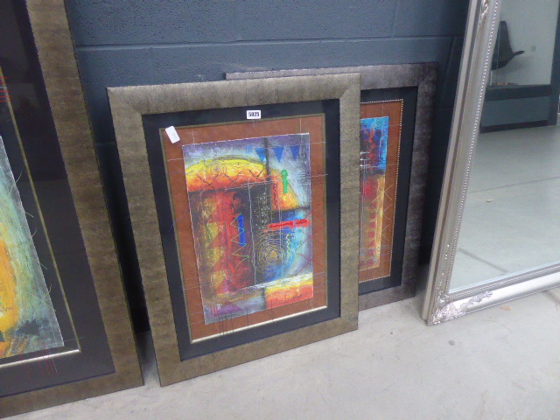 2 framed and glazed abstract prints with decoration to the glazing